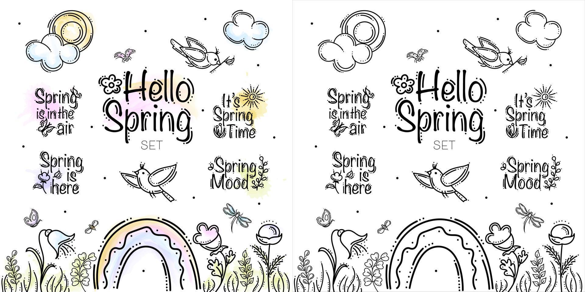 juego de primavera con objetos de texto, flores, hierbas, pájaros, sol, nubes, arco iris, insectos y bichos vector