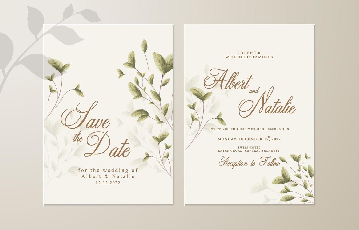 Double sided wedding invitation template with leaf theme vector