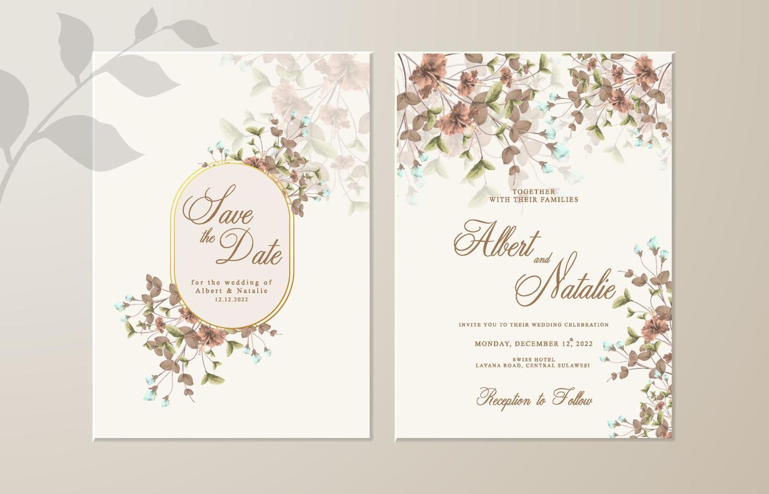 plantilla de invitación de boda de doble cara con flor roja vector