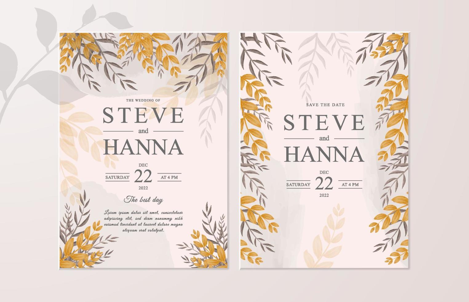 Wedding invitation package with leaf theme vector