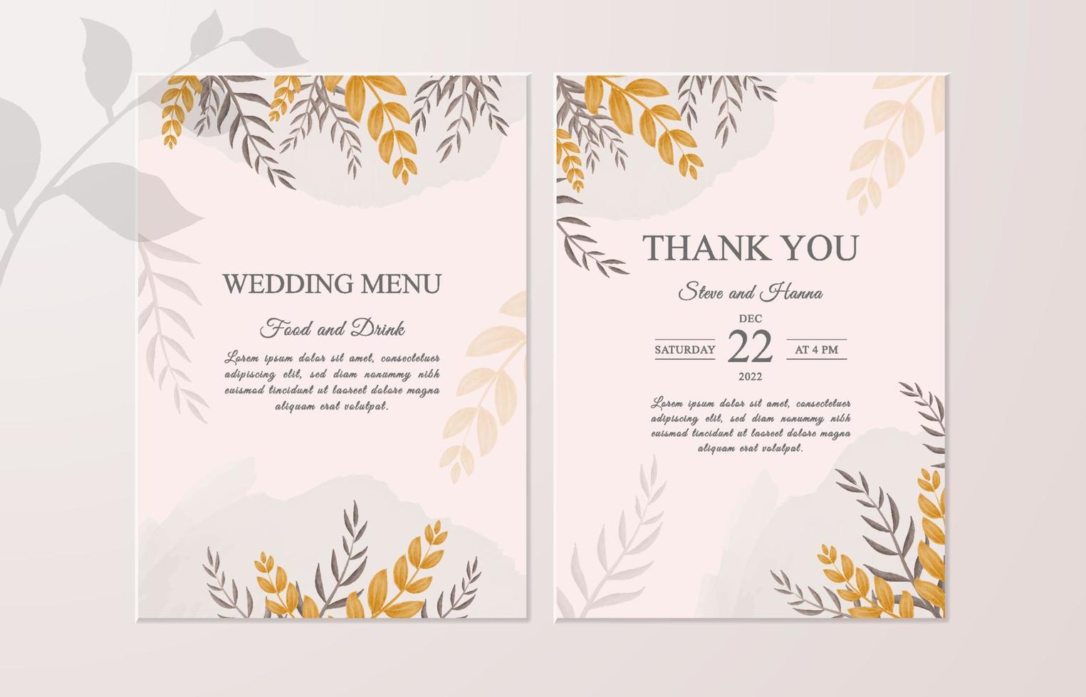Wedding invitation menu and thank you vector