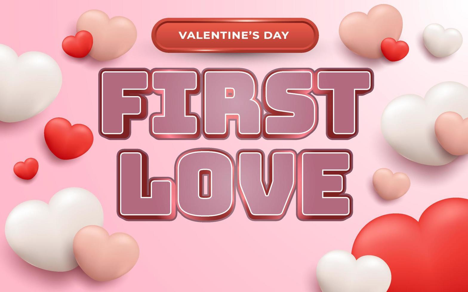 Firts love editable text effect with realistic hearts vector