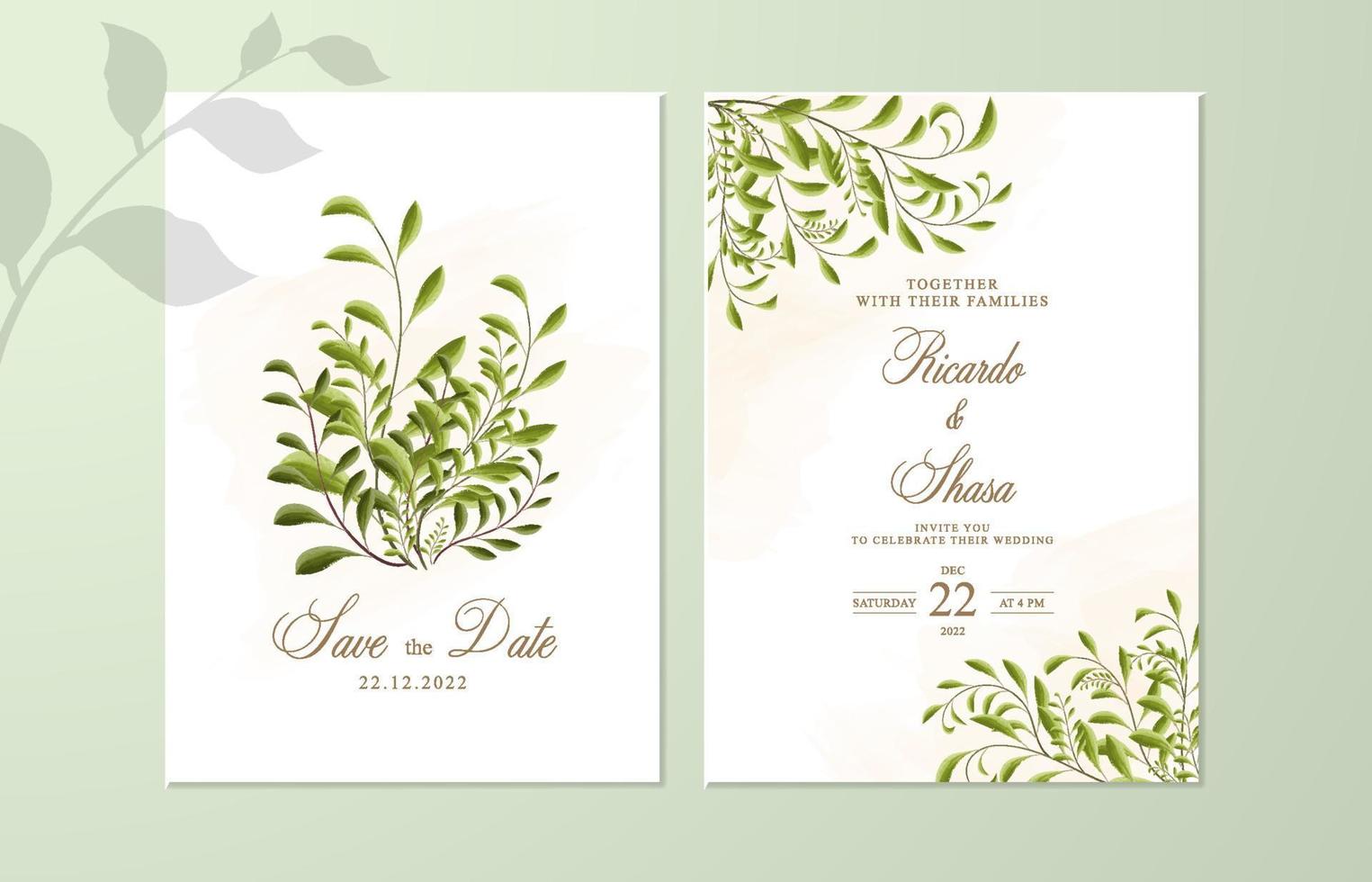 plantilla de invitación de boda floral con hojas vector