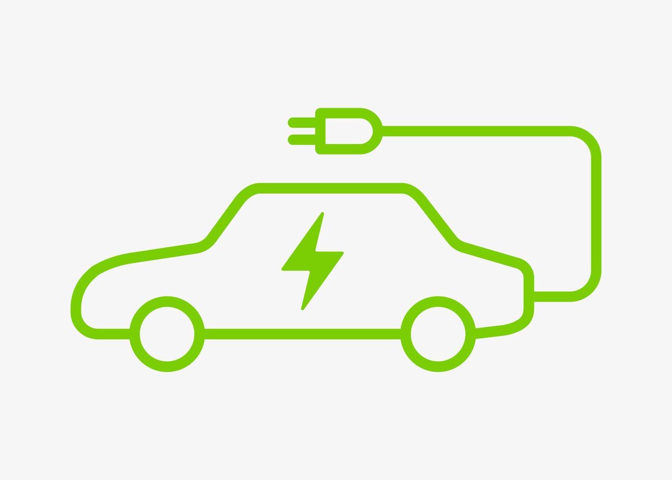 icono de vector de carga de energía del vehículo eléctrico aislado sobre fondo blanco. símbolo de coche eléctrico. icono ev con cable de carga. variante de estilo de carrocería de automóvil sedán