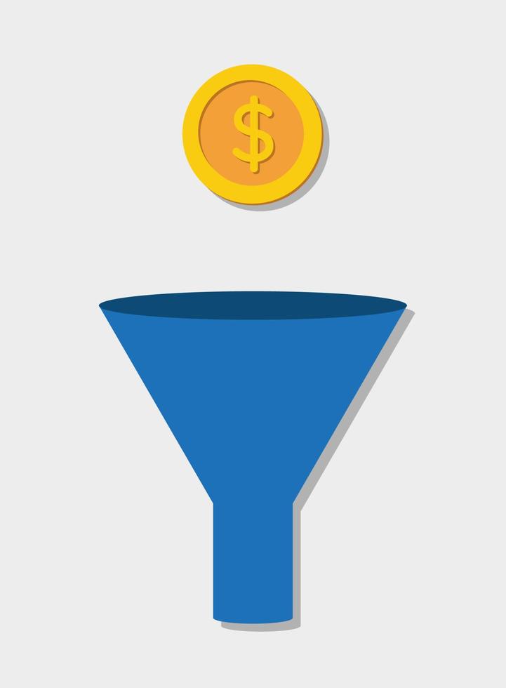 Vector illustration of a blue funnel and golden coin on white background