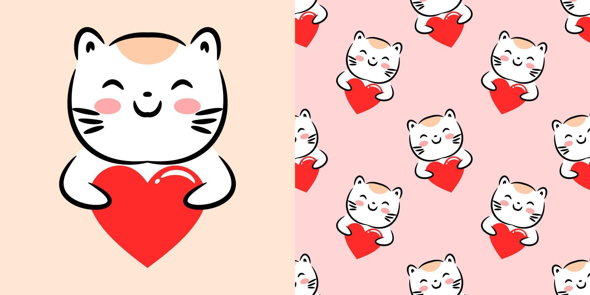 Cute design with kawaii cat hug the heart of love vector