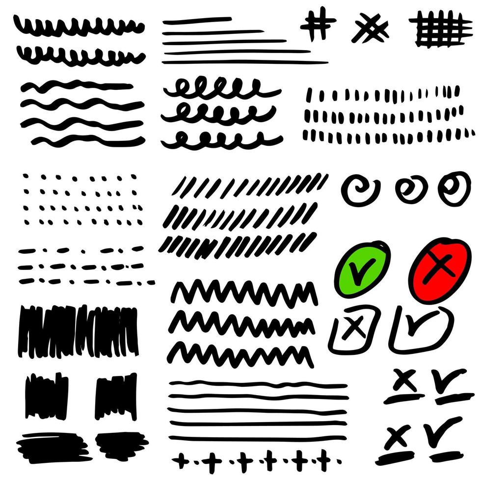 Set of Hand drawn grunge strokes. check marks, Lines, circles,  spirals, waves, brush strokes,smears. Hand drawn abstracts elements for your concept design vector