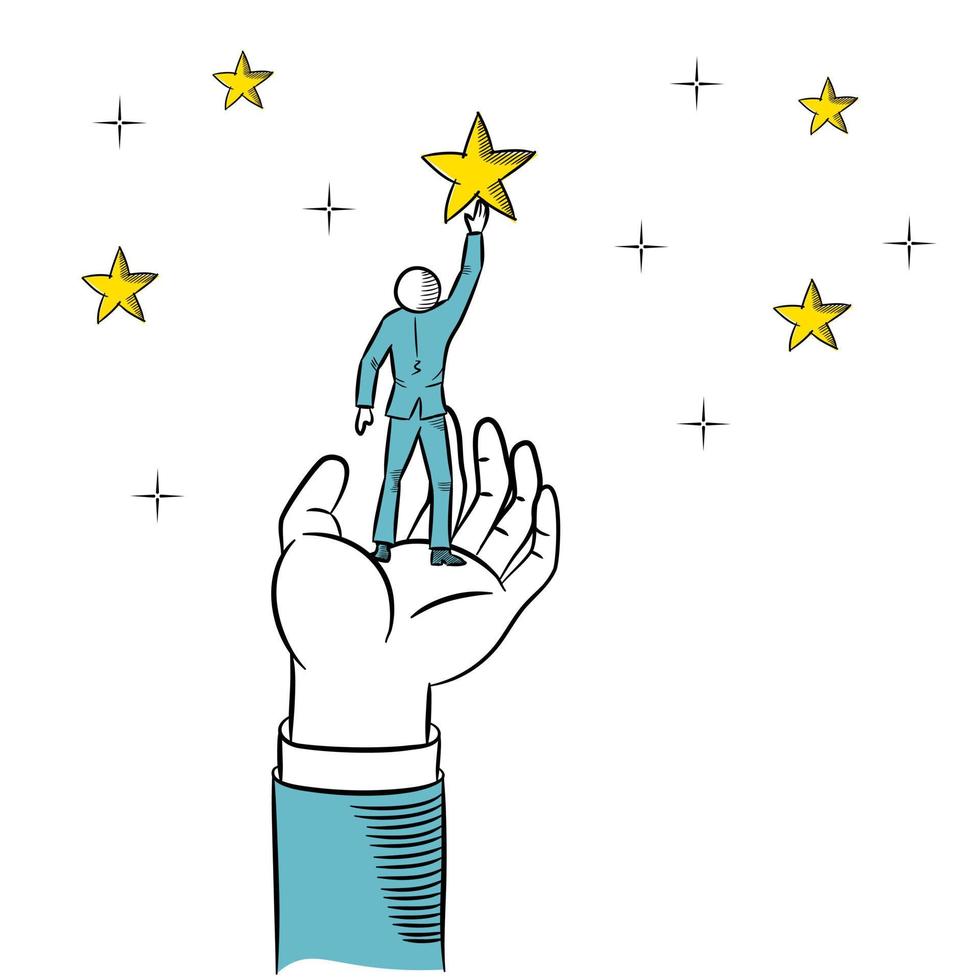 Doodle of giant hand helping a businessman to reach out for the stars. Business vector illustration.