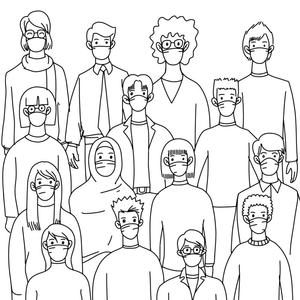 hand drawn of people in white medical face mask.Concept of coronavirus quarantine vector  doodle  illustration.