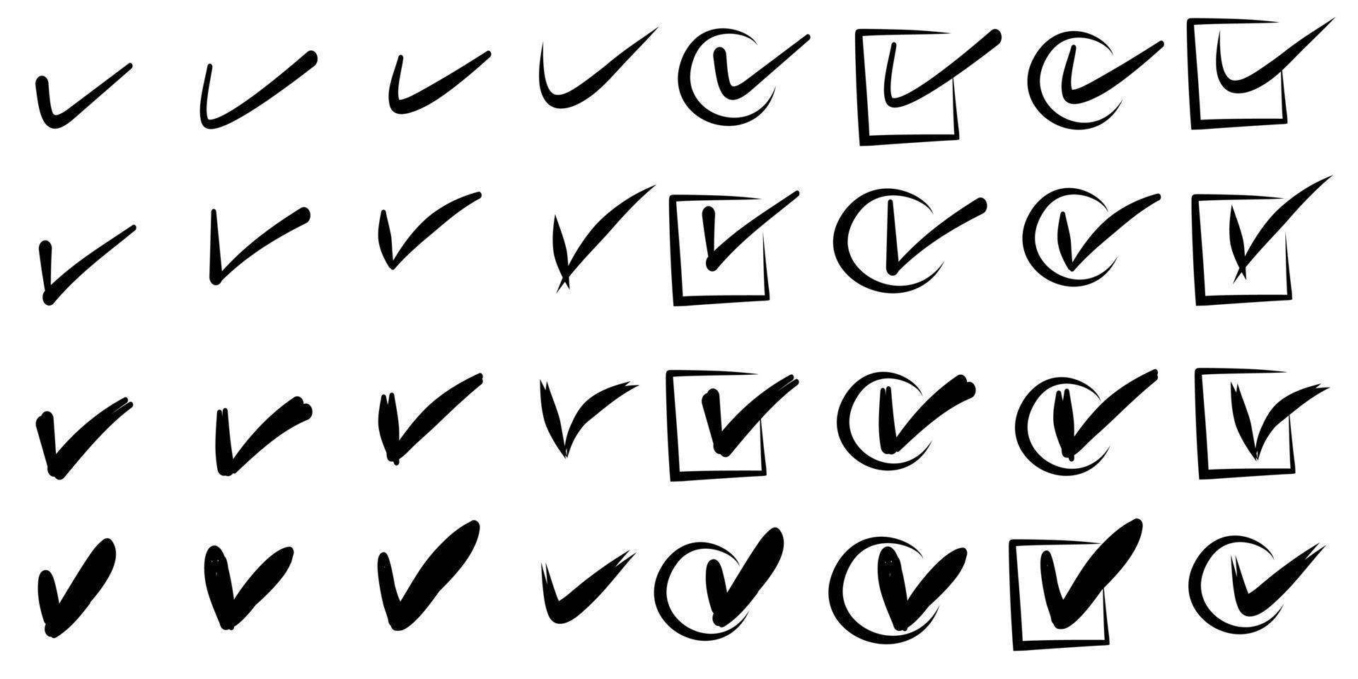 set of hand drawn check signs isolated on white background. Vector checklist marks icon set. sketch check marks.