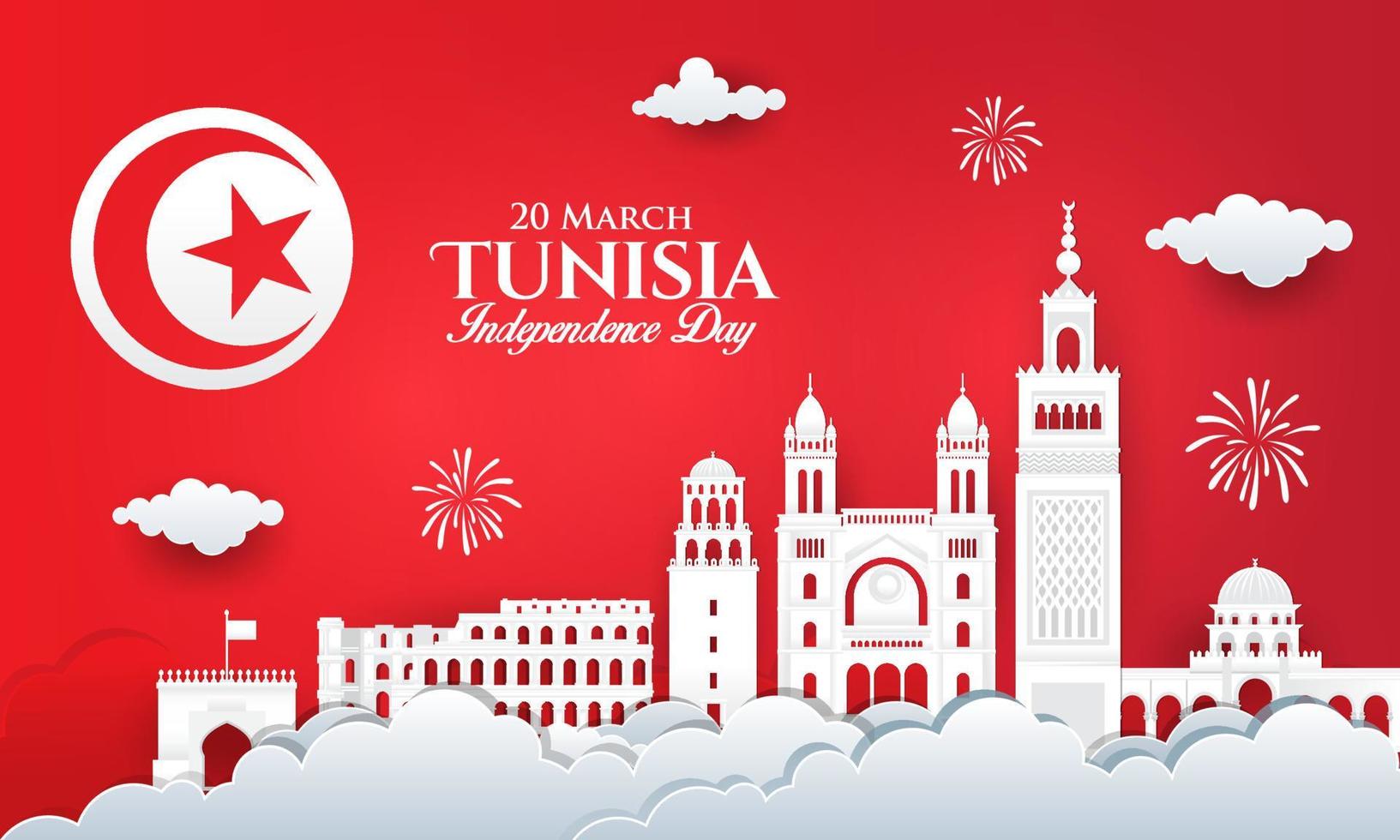 Vector illustration of Tunisia Independence Day celebration with city skyline in paper cut style.