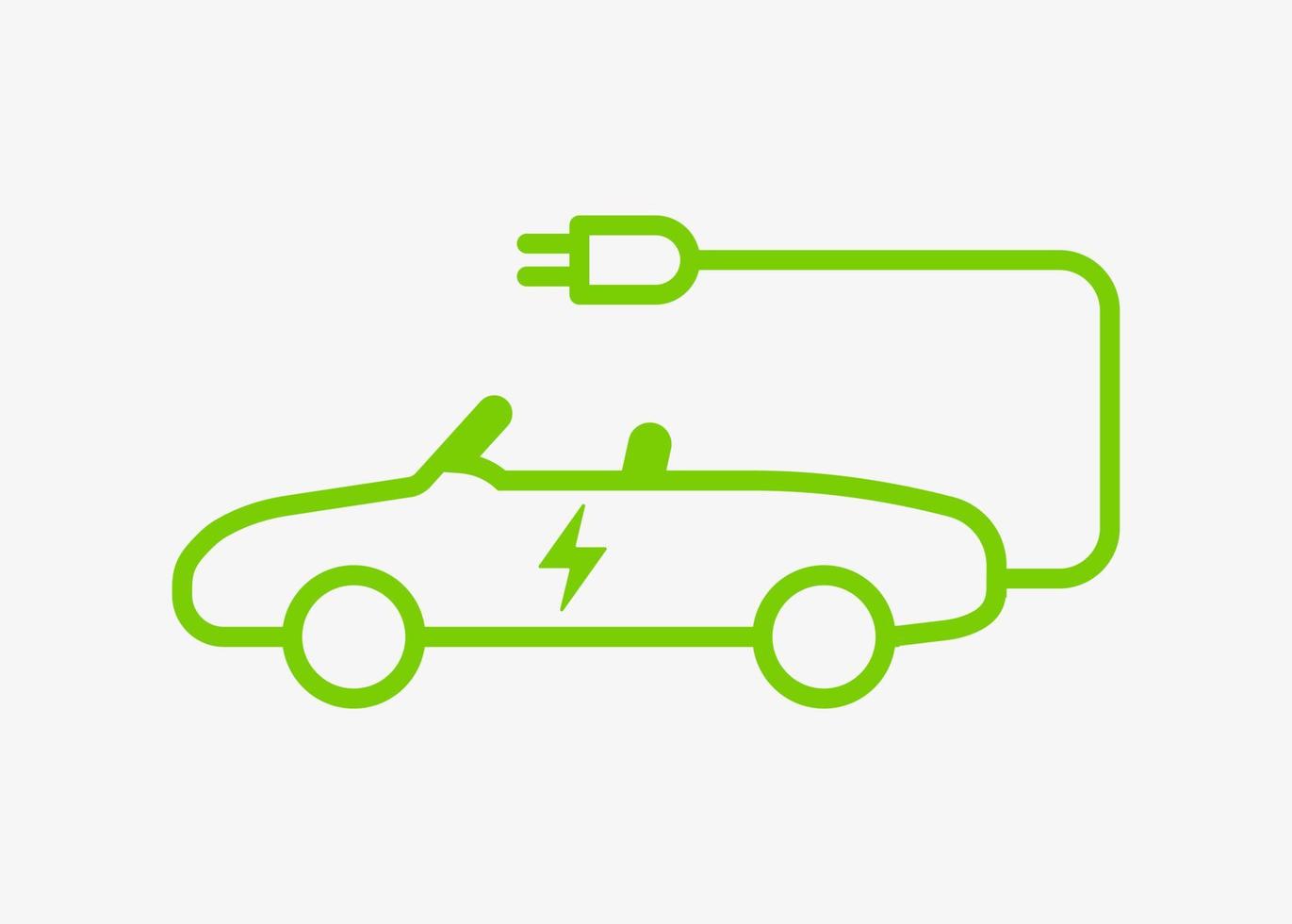 icono de vector de carga de energía del vehículo eléctrico aislado sobre fondo blanco. símbolo de coche eléctrico. icono ev con cable de carga. variante de estilo de carrocería de automóvil convertible