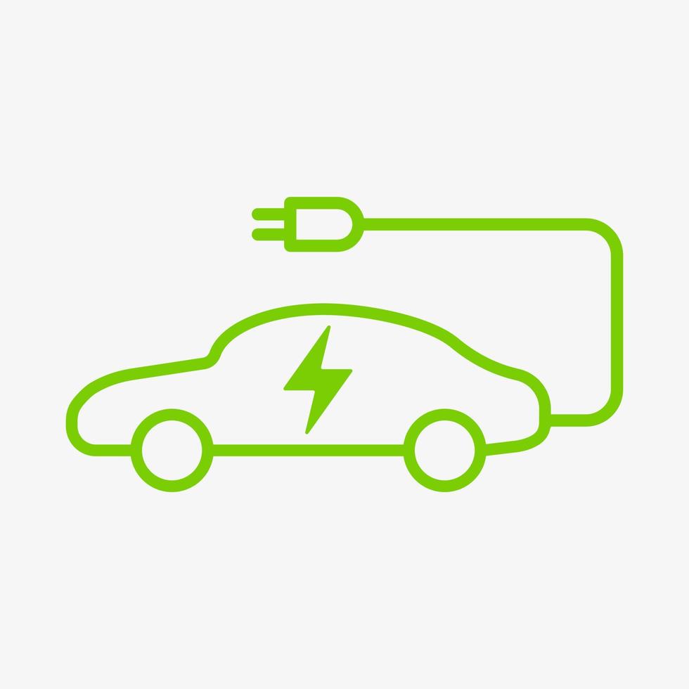 Electric vehicle power charging vector icon isolated on white background. Electrical car symbol. EV icon with charging cable. Coupe automotive body-style variant