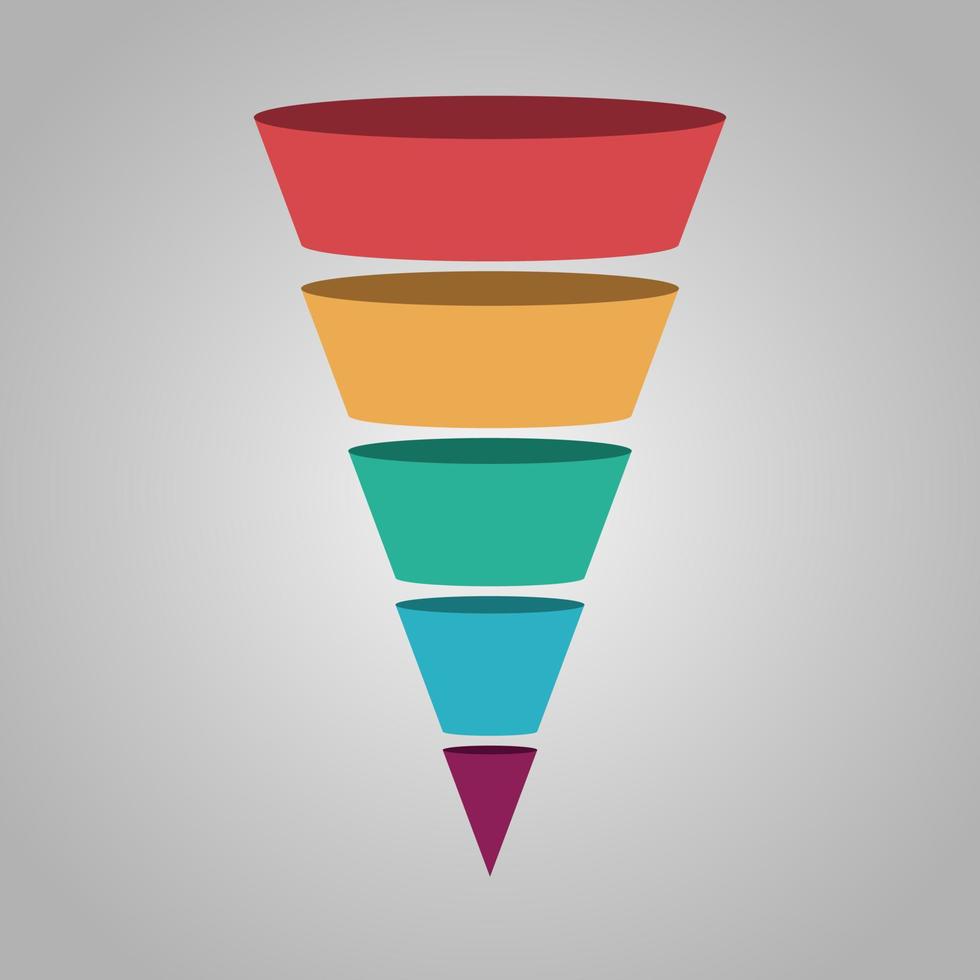 Vector illustration of five step colorful funnel diagram on gray background