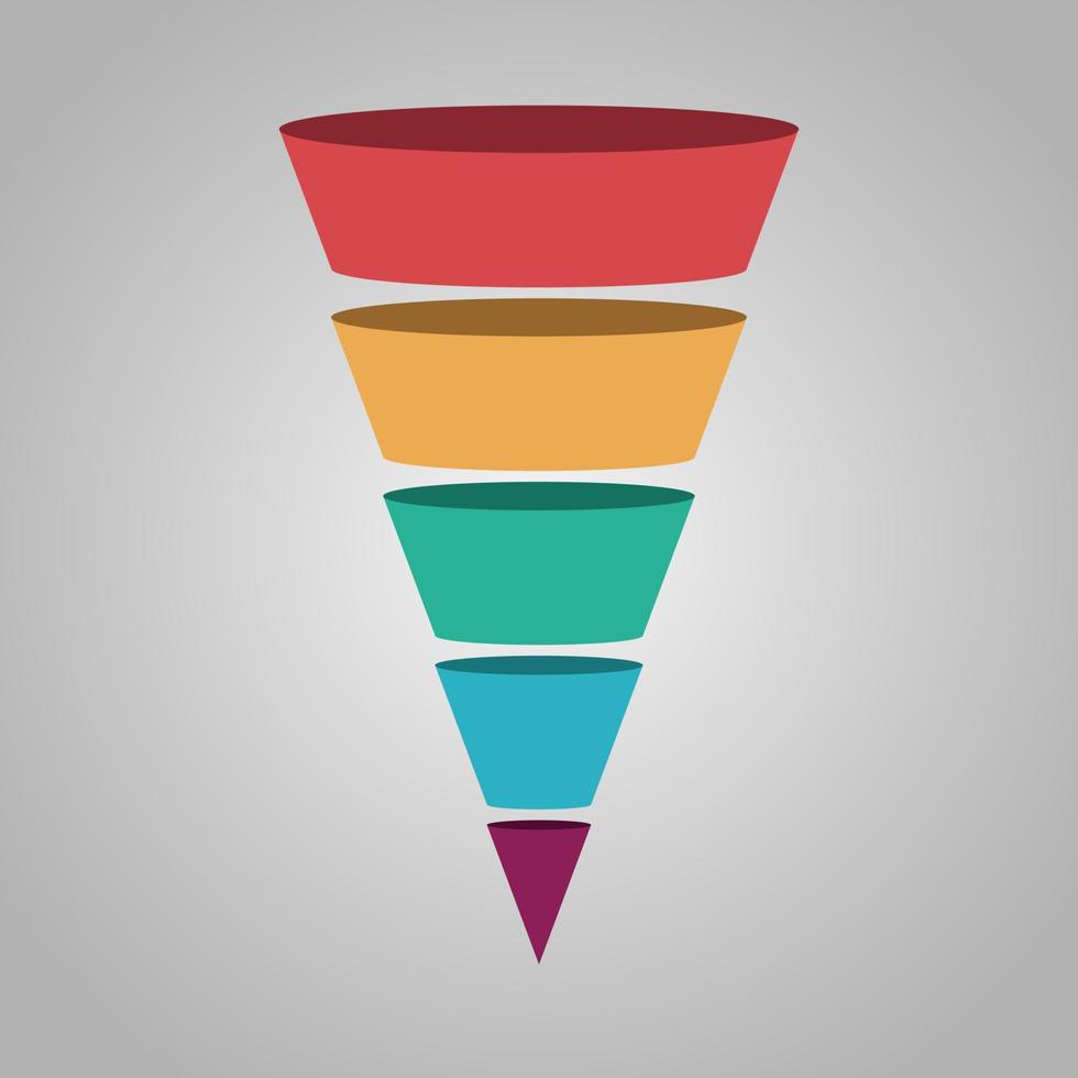 Vector illustration of five step colorful funnel diagram on gray background