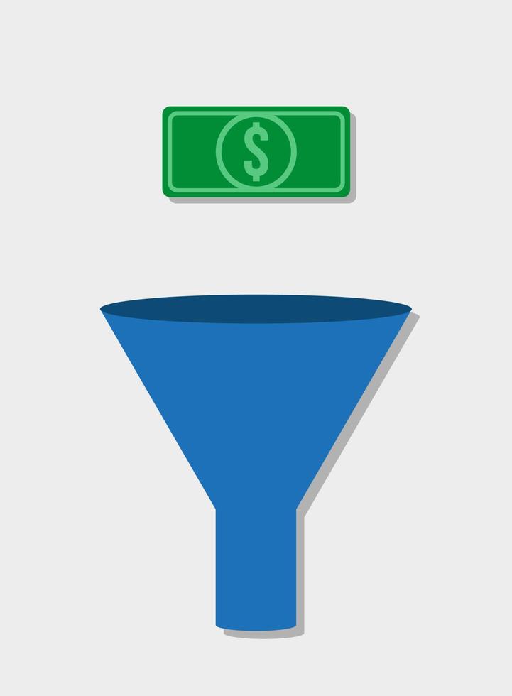 A vector illustration of a blue funnel and green US dollar banknote on white background