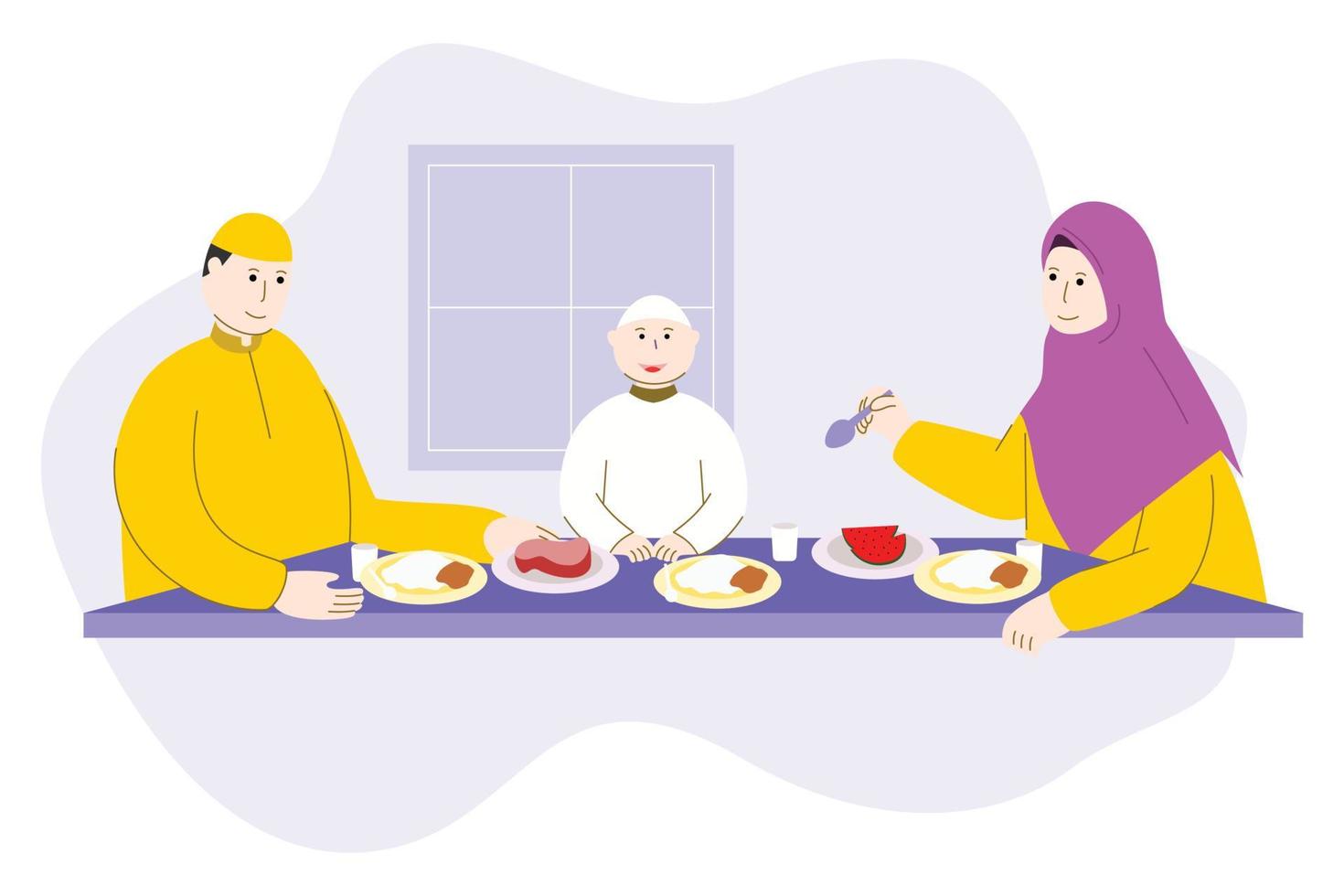 Muslim family sahur and iftar together in Ramadan Kareem, celebrating Ramadan Mubarak vector illustration