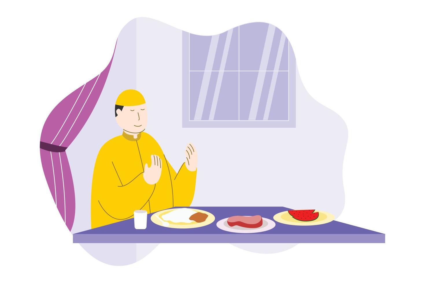 Muslim people sahur and iftar together in Ramadan Kareem, celebrating Ramadan Mubarak vector illustration