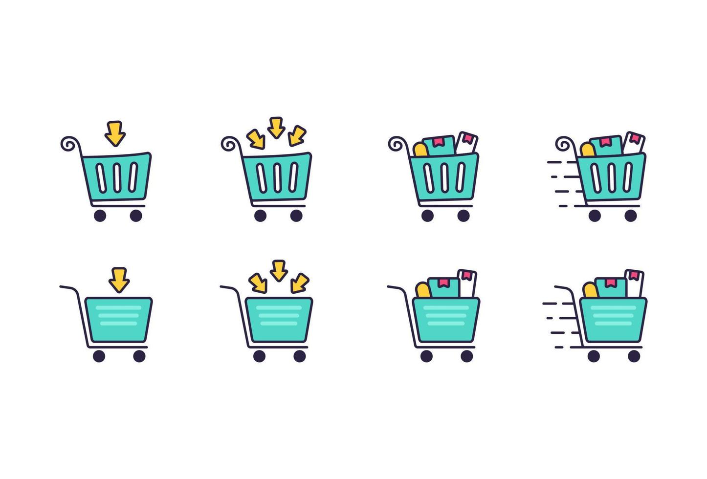Add to chart retail shopping cart trolley icon filled outline style set collection with various condition from empty, full item filled, and in delivery process vector