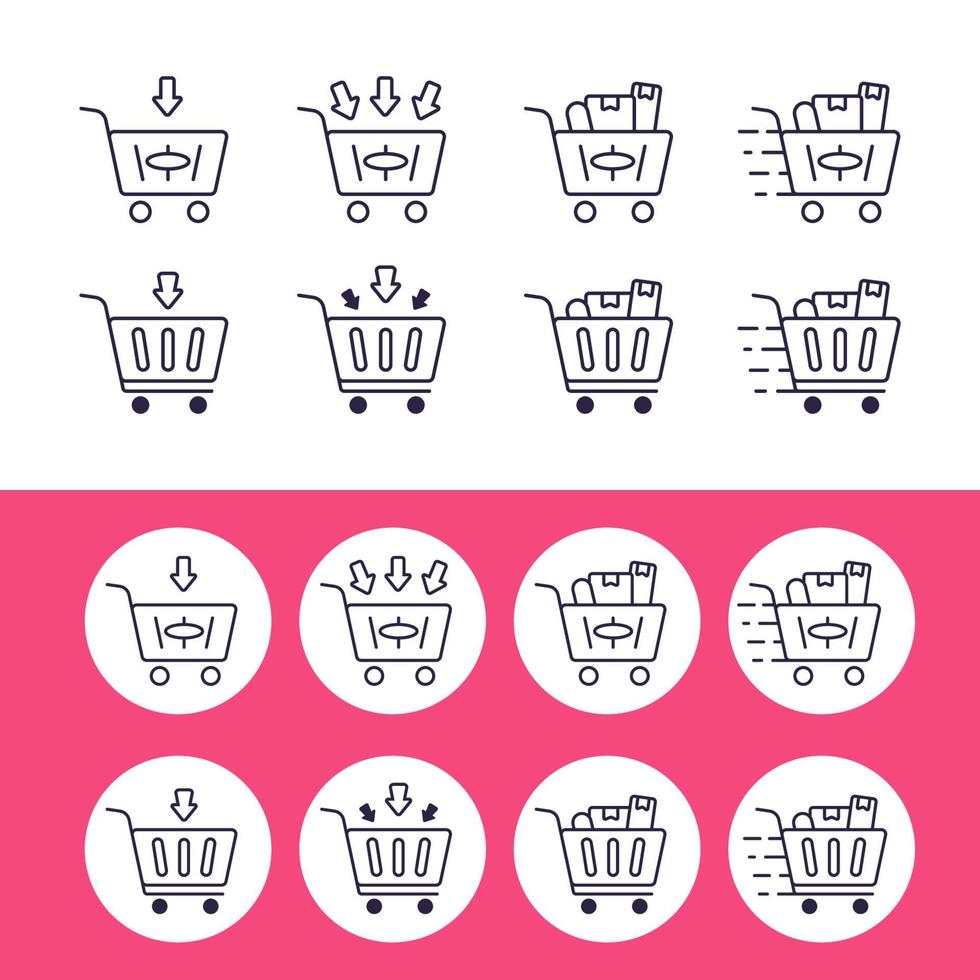 Add to chart retail shop trolley icon outline style set collection with various condition from empty, full item filled, and in delivery process vector