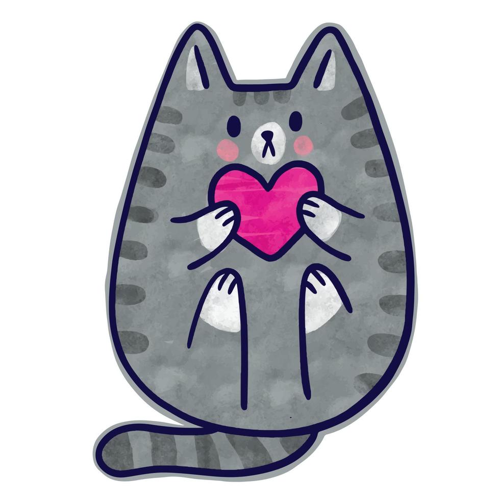 Watercolor cartoon cute cat and heart vector. vector