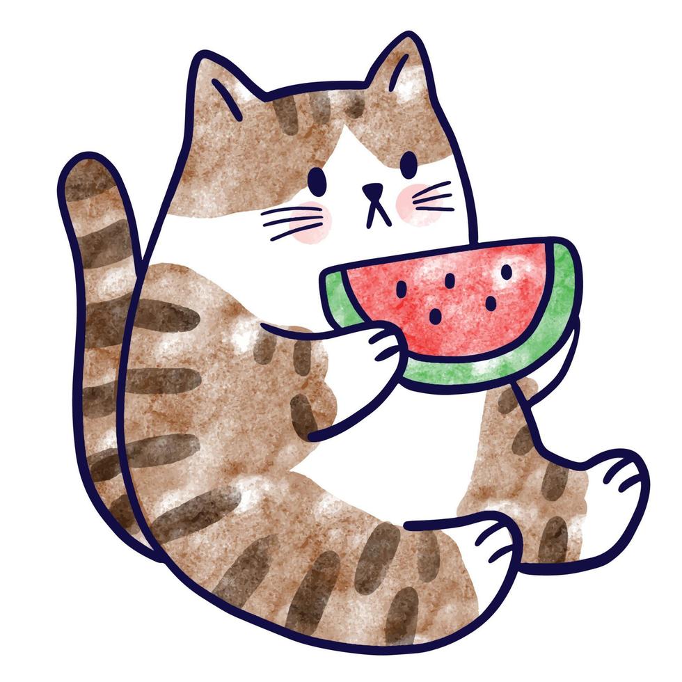 Watercolor cartoon cute cat and watermelon vector. vector