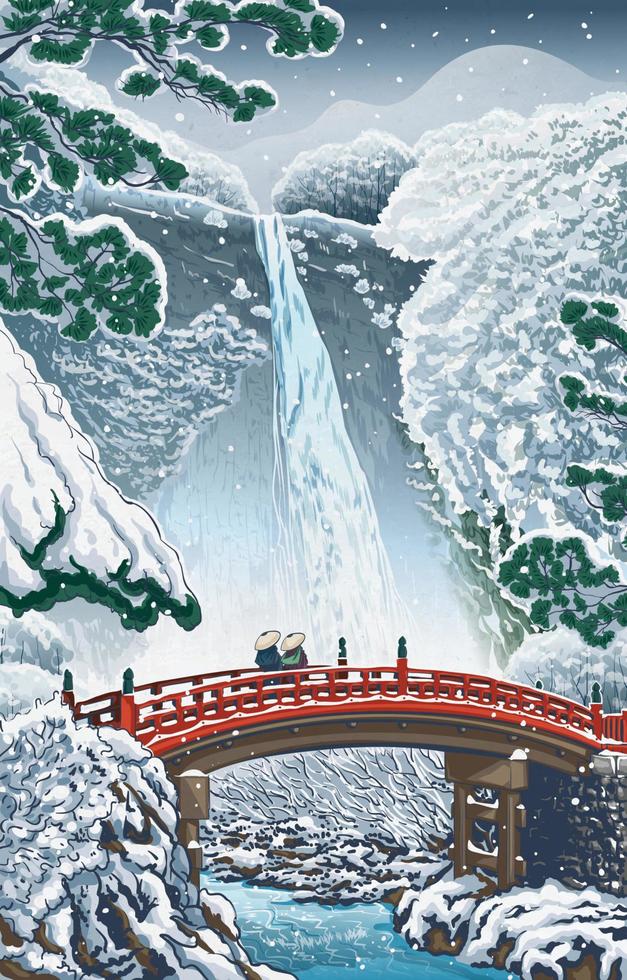 Japan Winter Waterfall Scenery Concept in Ukiyo-e Style vector