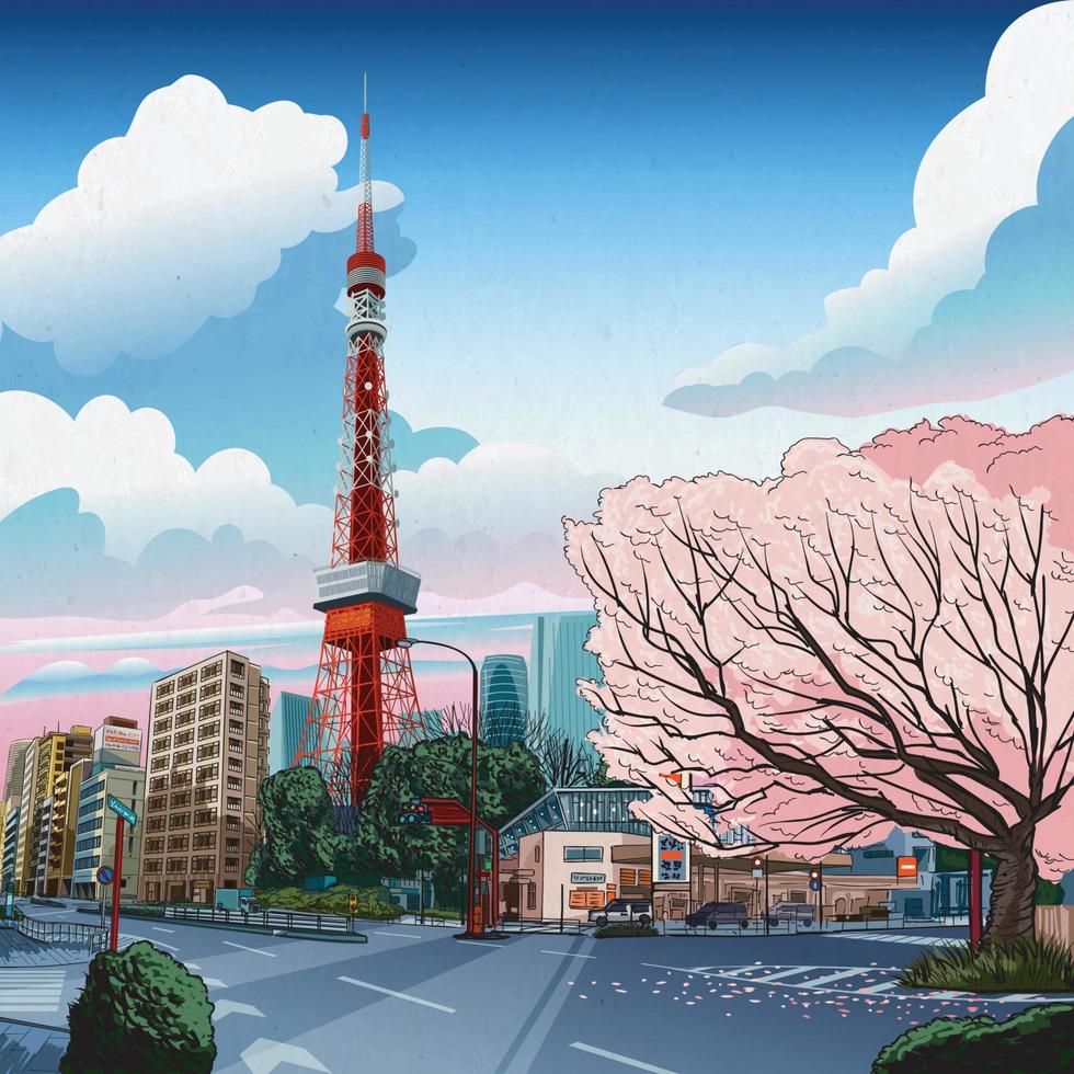 cruce vacío en el concepto de Japón de la ciudad de Tokio al estilo ukiyo-e vector