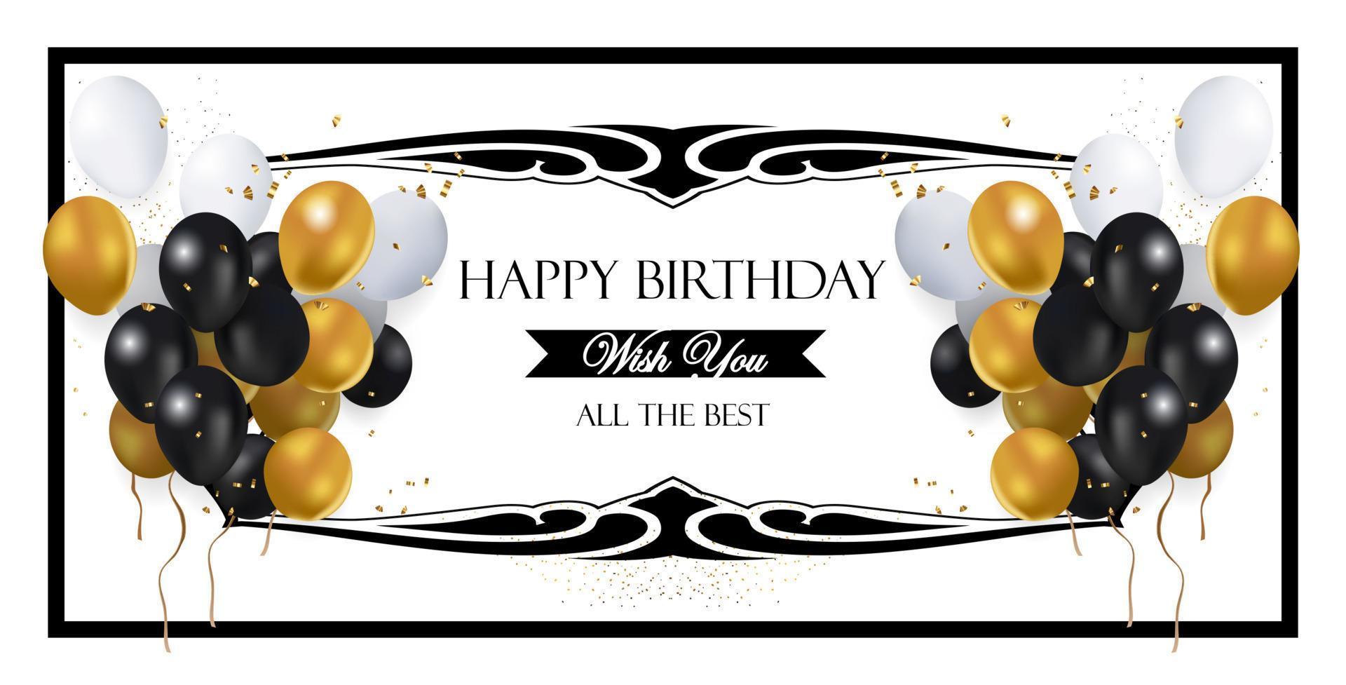 white birthday banner with gold and black ballons ornaments with black tribal and rectangle frame vector