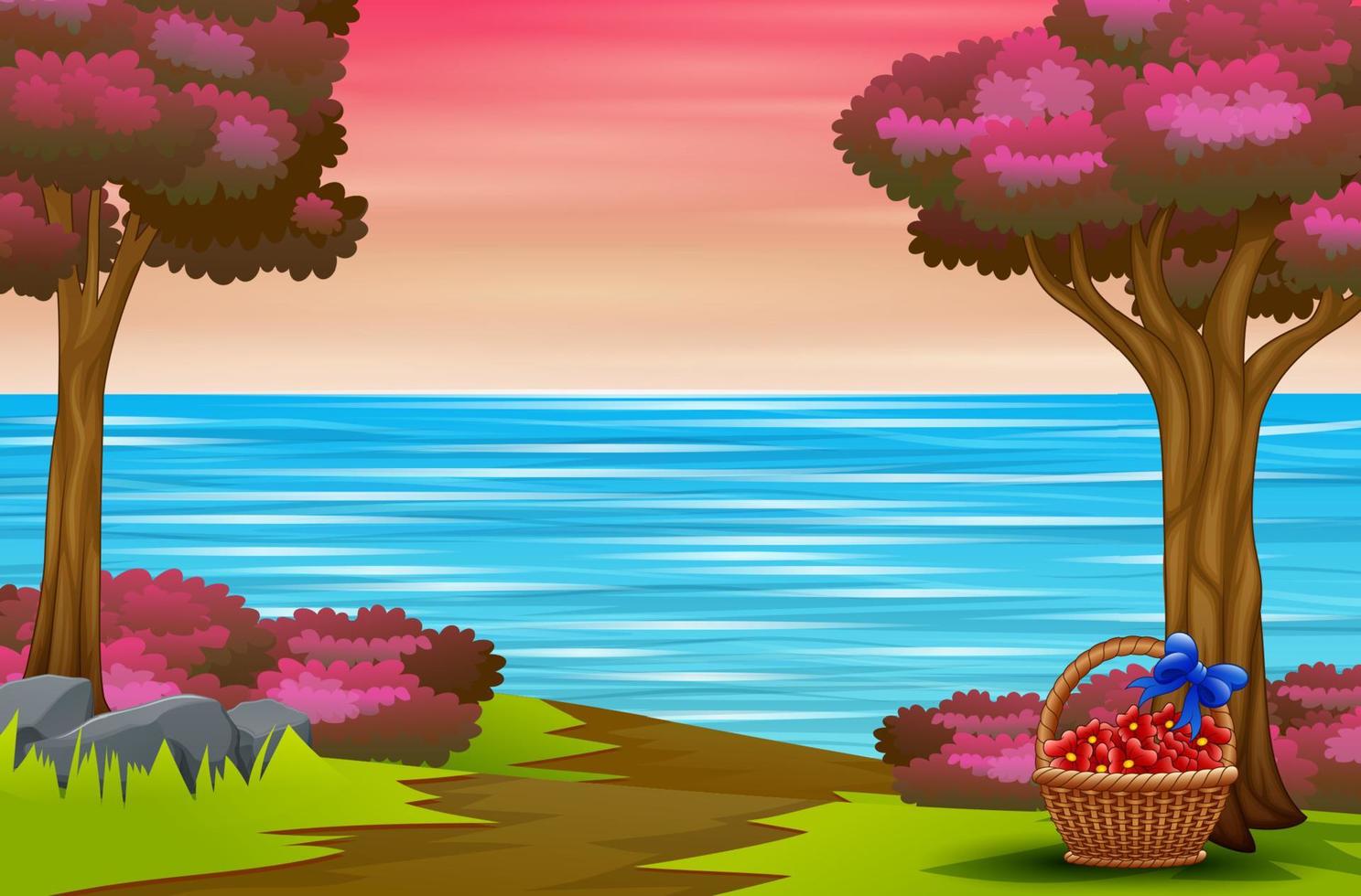 Wicker basket with red flowers on nature landscape vector