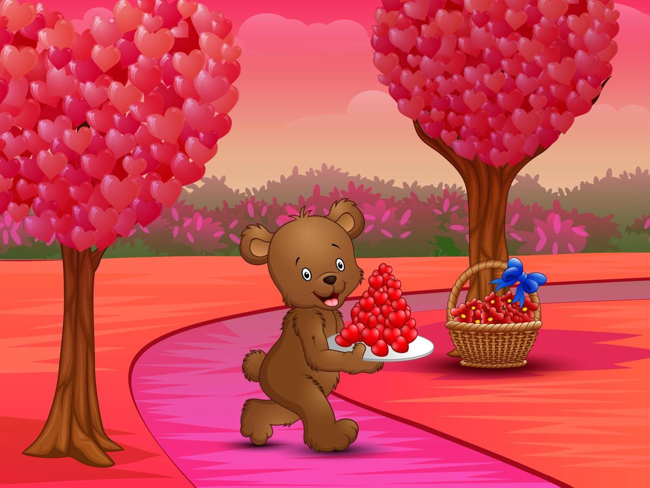 Happy bears celebrating a valentine day in the garden vector