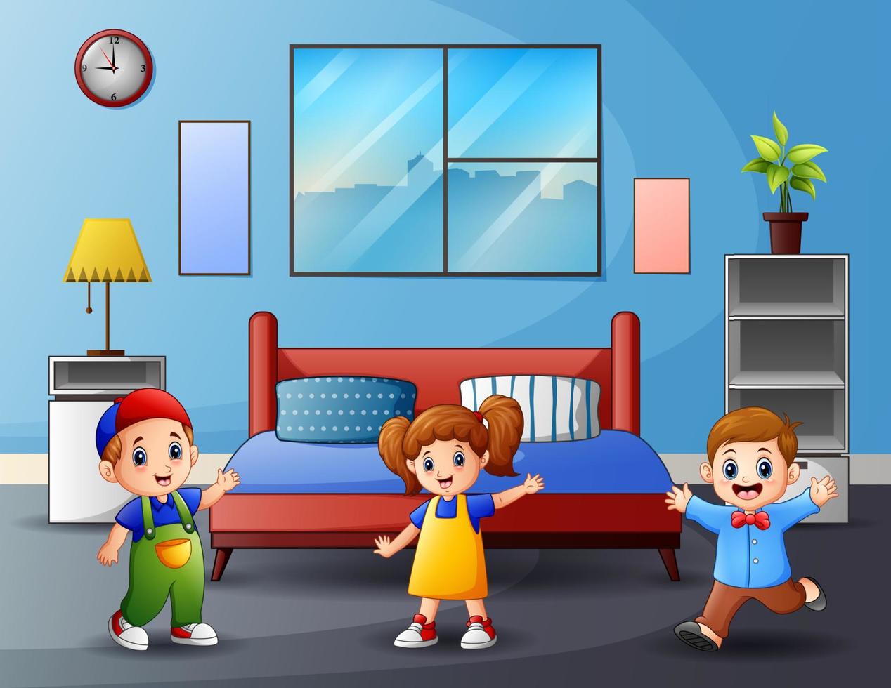 Cartoon happy children in the bedroom vector