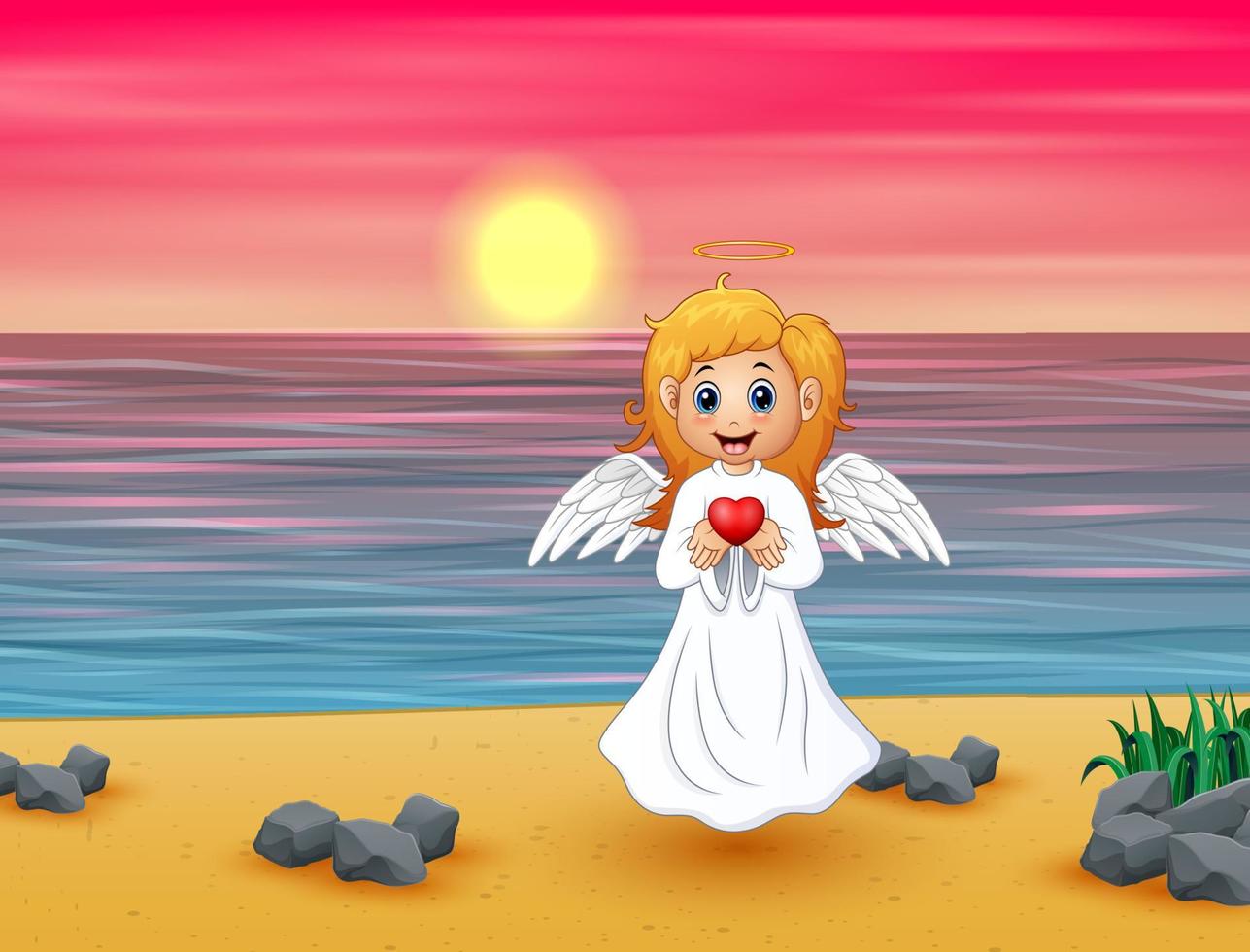 chica ángel presenta un corazón rojo en la playa vector