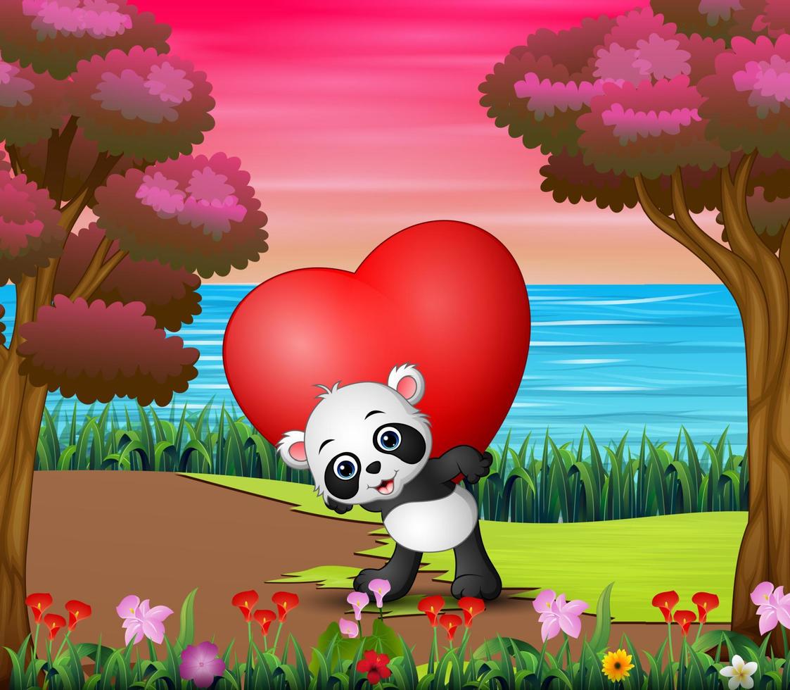 panda de dibujos animados tiene corazón rojo en el parque rosa vector