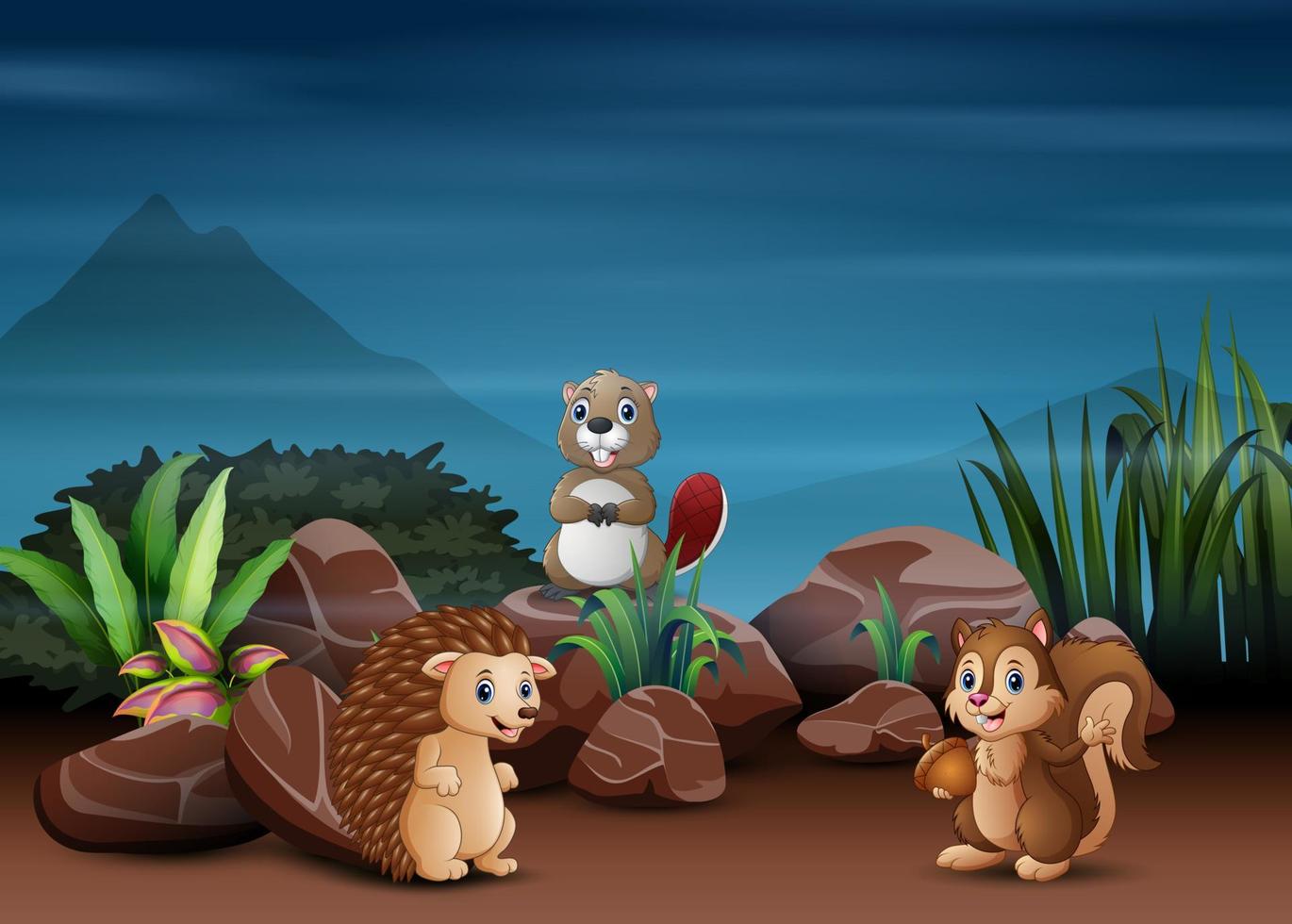 Animals cartoon playing in the night scene vector