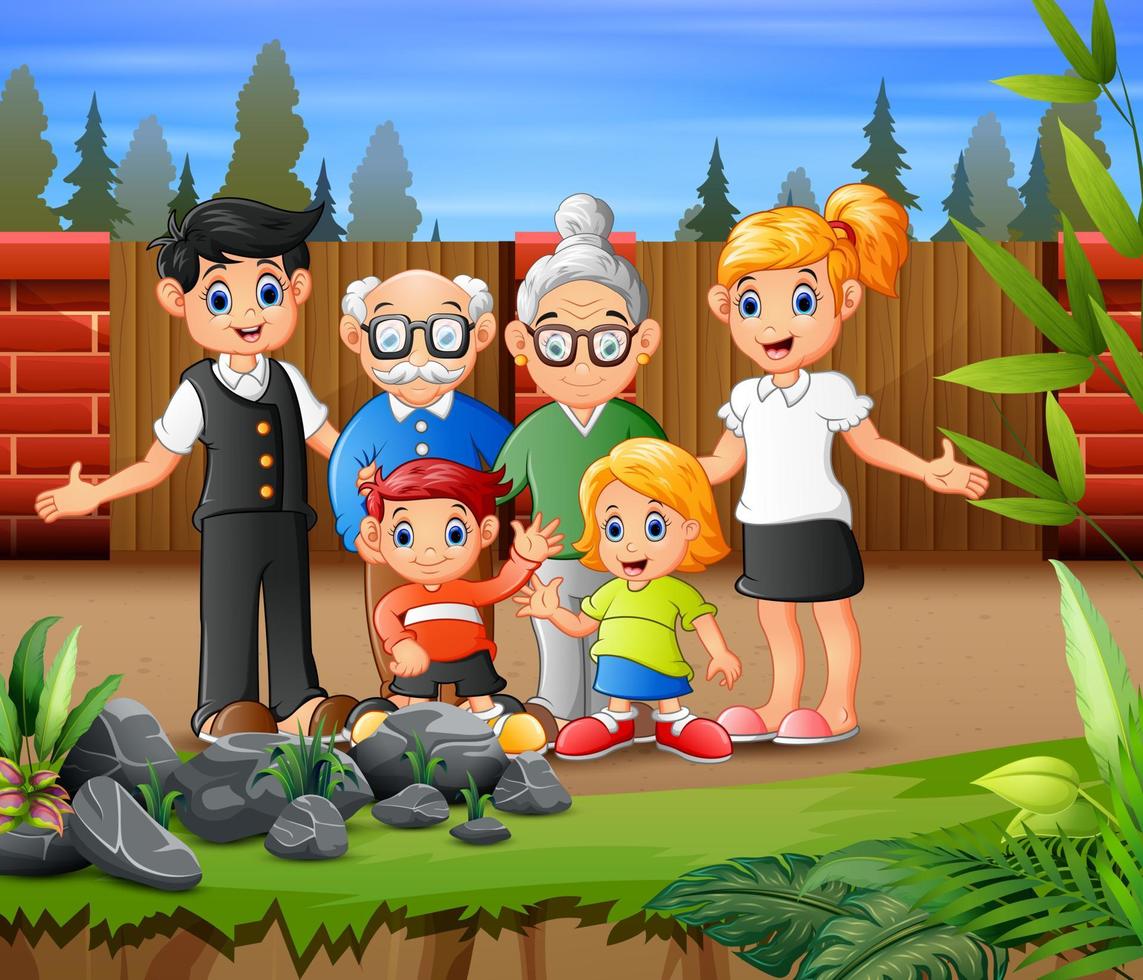 Happy big family waving hand in park background vector