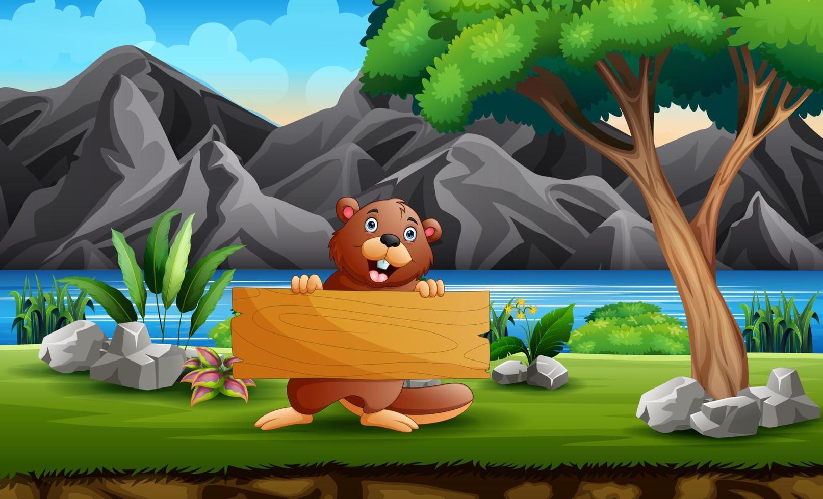 A beaver holding a wooden sign in nature background vector