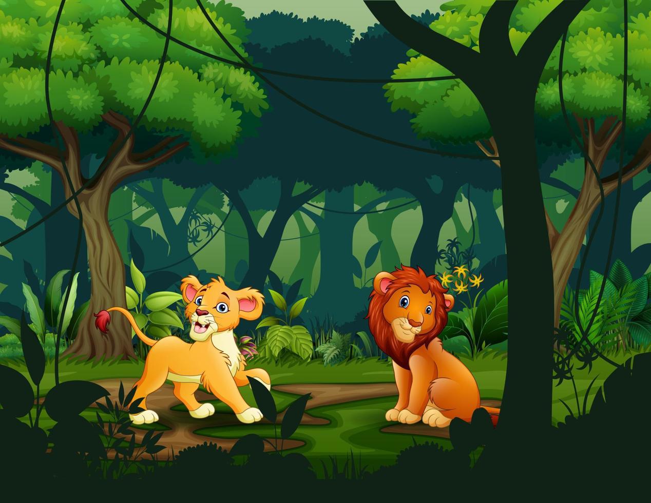 Wild lions in the jungle scene vector
