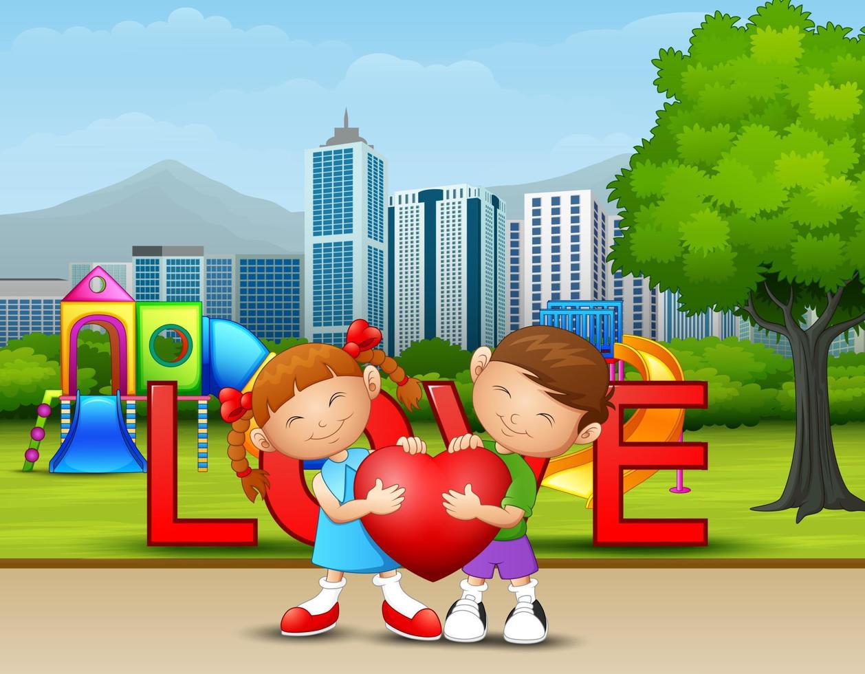 A couple kid holding a heart in the city park vector