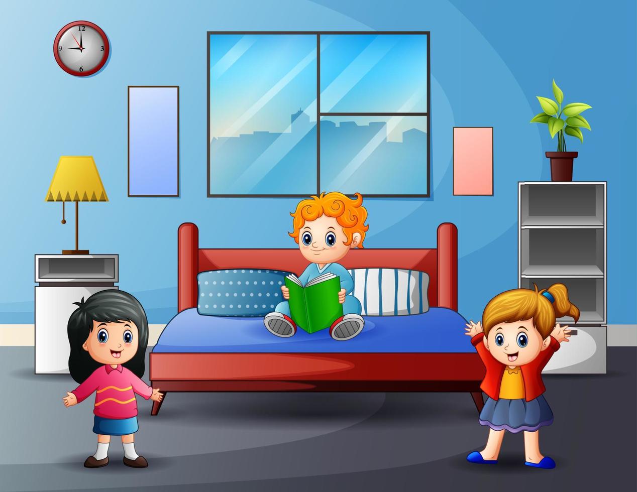 niñas felices de dibujos animados jugando en el dormitorio vector