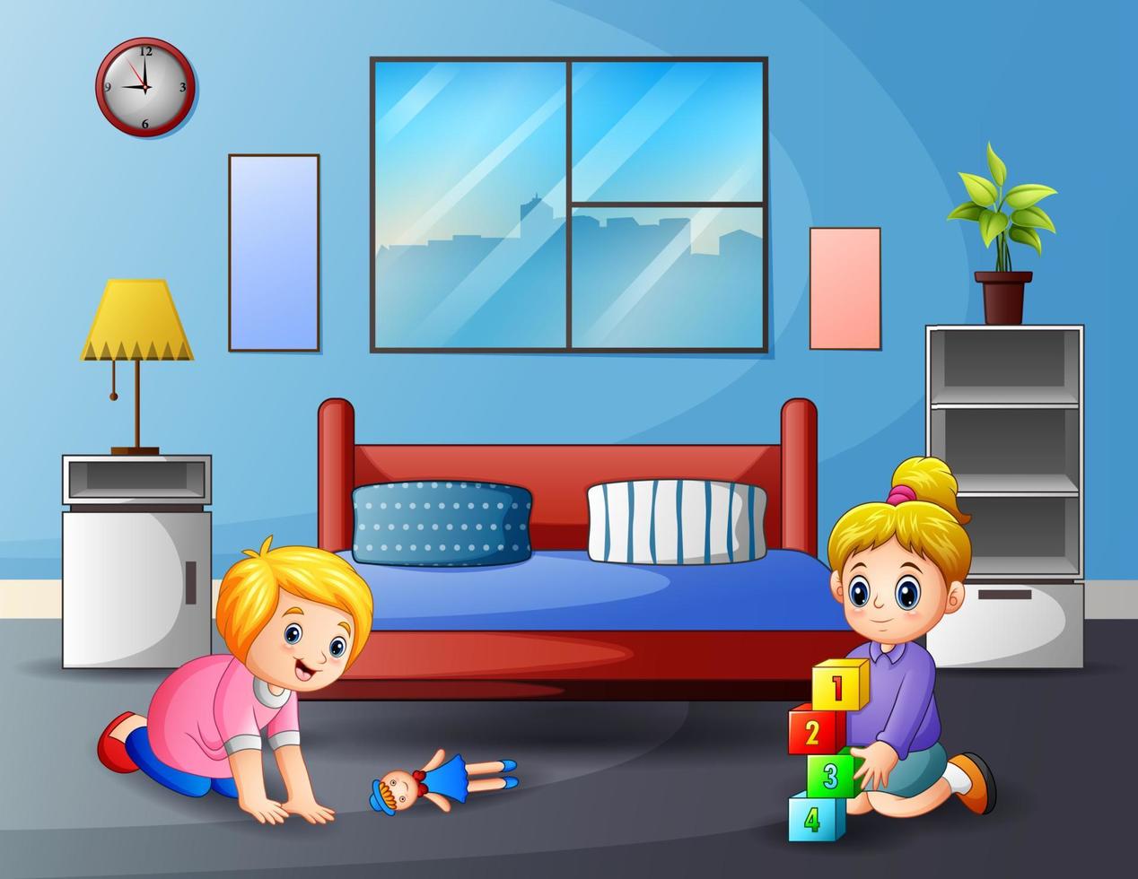 Cute two girls playing in a room vector