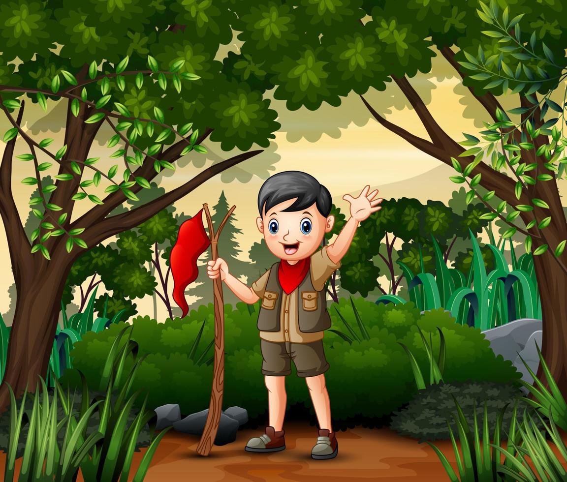 A boy scout holding a flag walking in forest vector