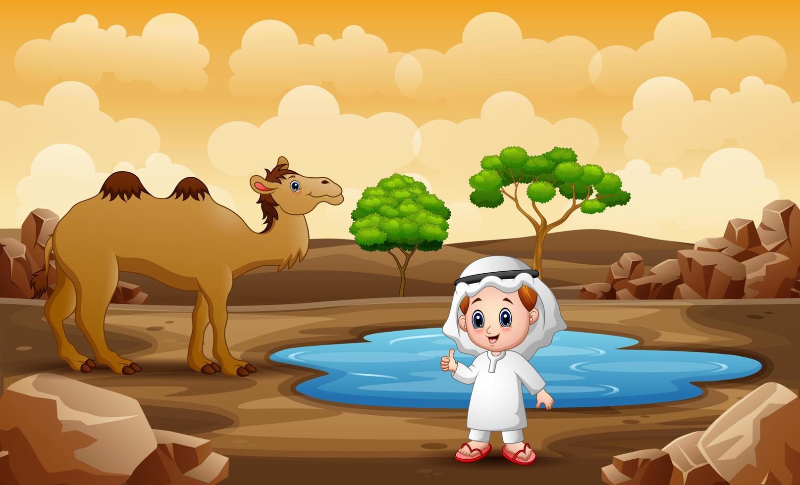 Arabian boy and camel by the small pond vector