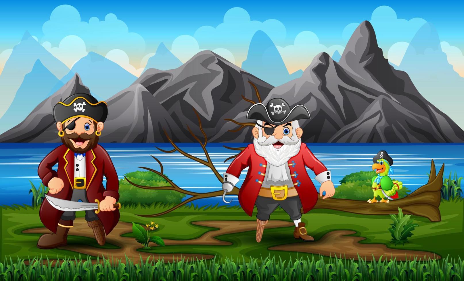 Pirates with a parrot near the river vector