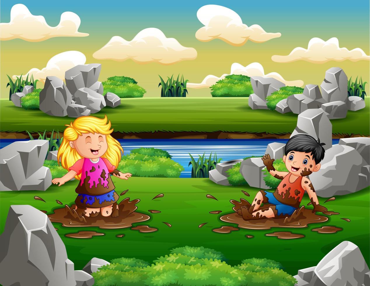 Happy two children playing in mud puddle vector