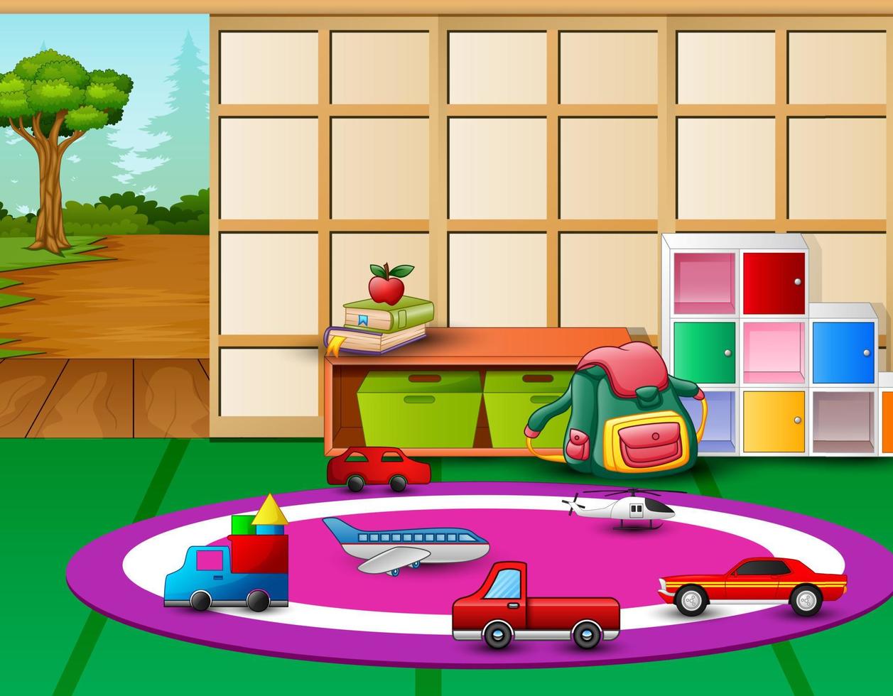 Kindergarten playroom interior with toys and open door vector