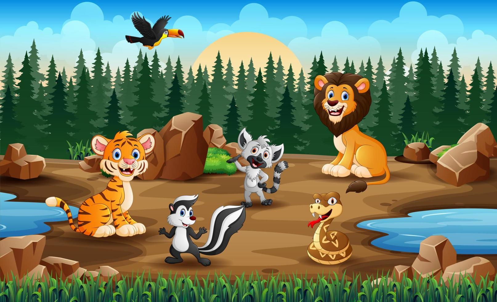 Scene with wild animals in the savanna field vector