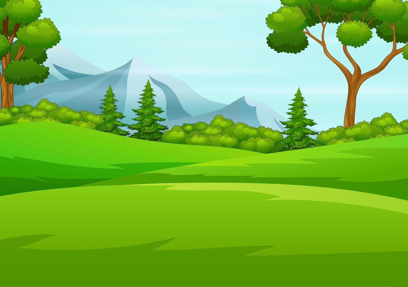 Beautiful green hills with big tree and mountains row on the horizon vector