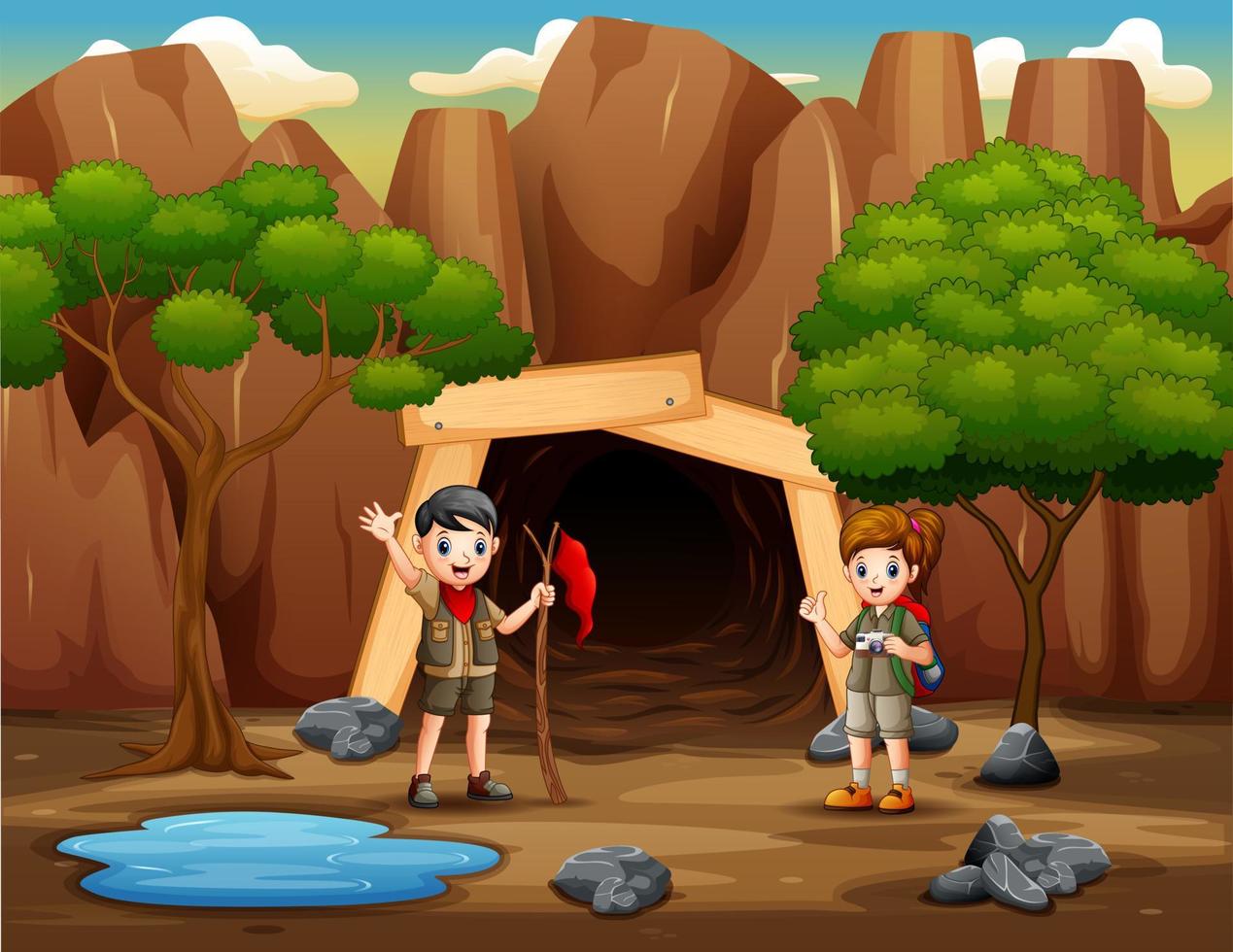 Scene with scout kids hiking in the mine vector