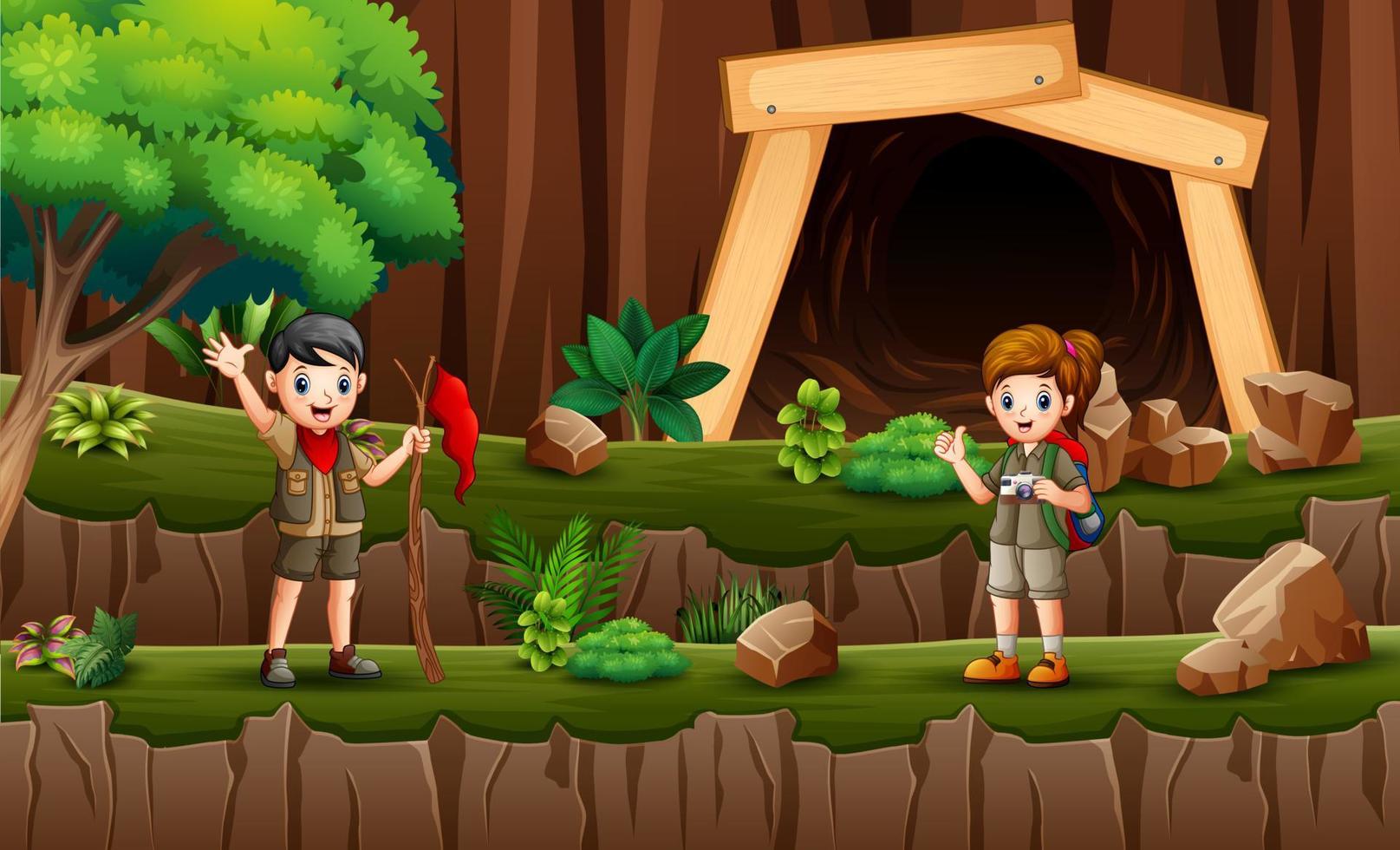 Scout children hiking on the cliff vector